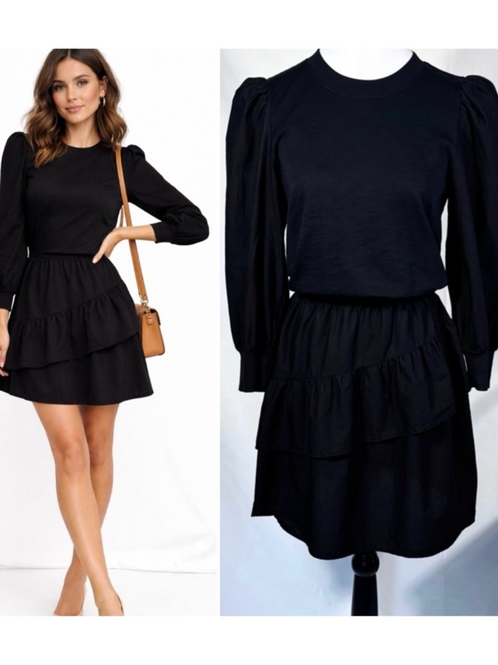Nation LTD Tenley Puff Sleeve Asymmetrical Ruffle Black Tiered Mini Dress~S🧡